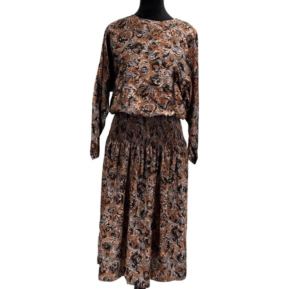 2/$18 SALE! Smocked Satin Dress Size Small Abstract Modest‎ Artsy USA Vintage - Picture 1 of 9